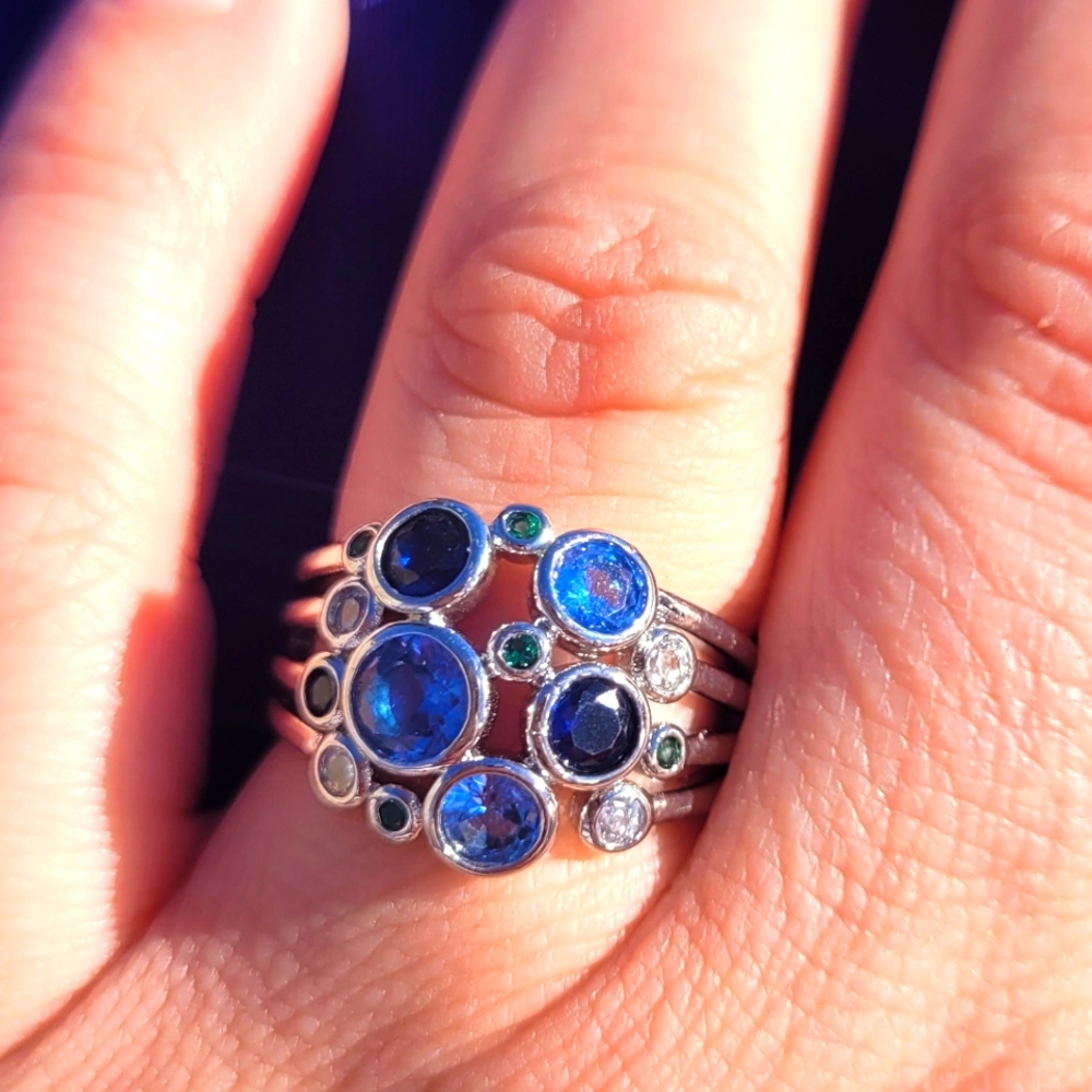 Blue, Green, and White Glass Gemstone Multi Band Fashion Ring